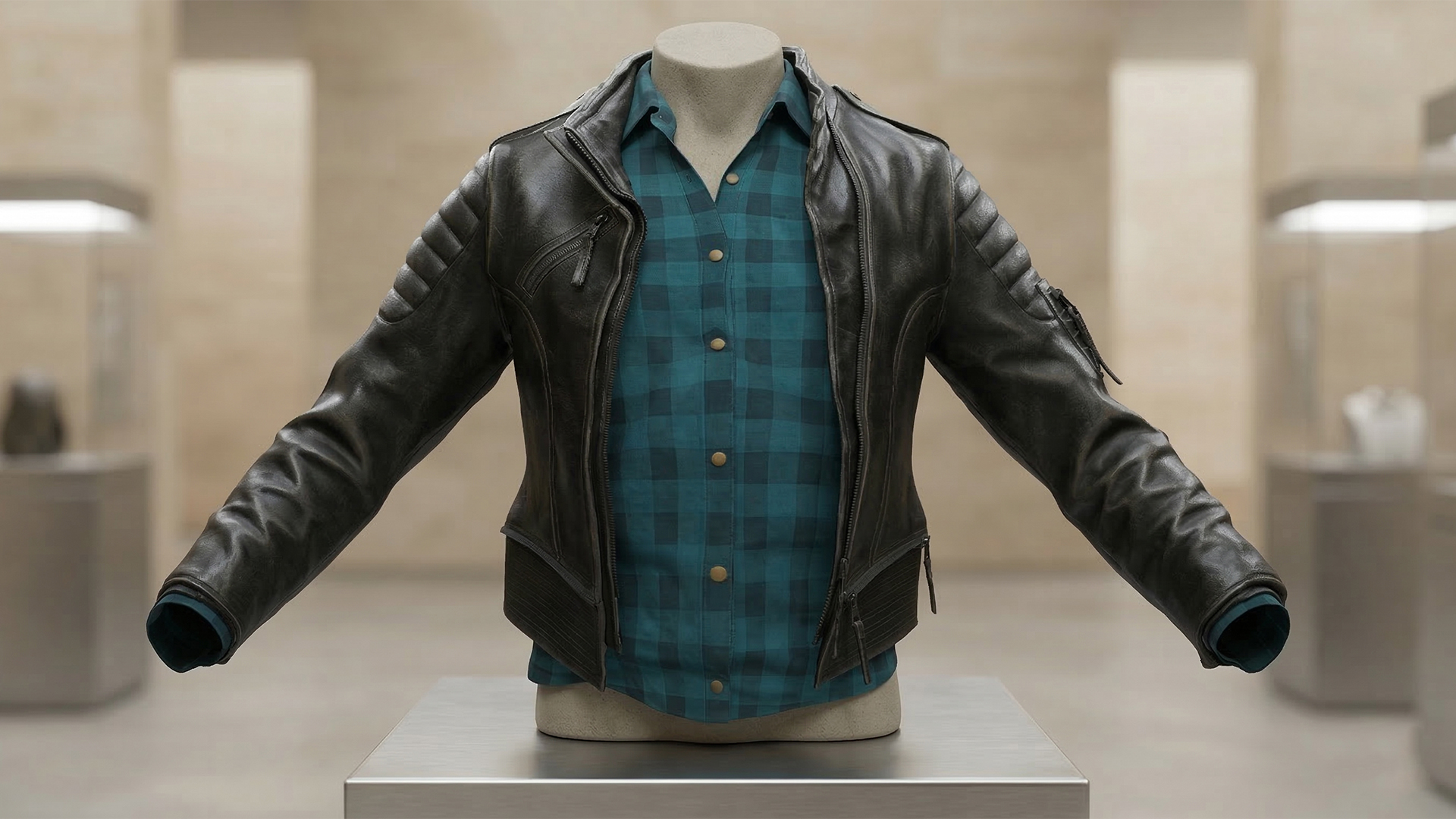 Layered Black Leather Biker Jacket and Plaid Shirt