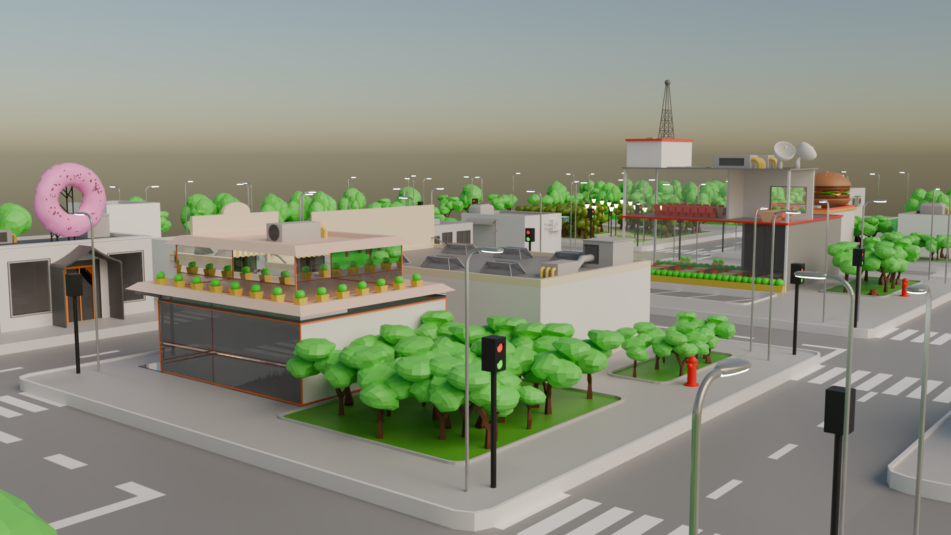 🏙️🚦City Block with Burger Shop🍔Low Poly – Stylized Urban Environment🚦